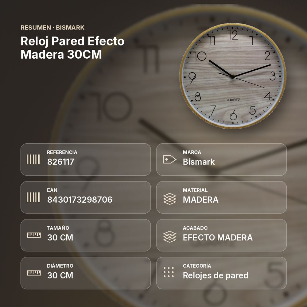 RELOJ PARED EFECTO MADERA 30CM - resumen de atributos