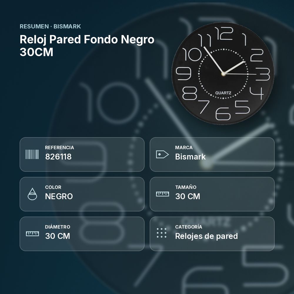 RELOJ PARED FONDO NEGRO 30CM - resumen de atributos