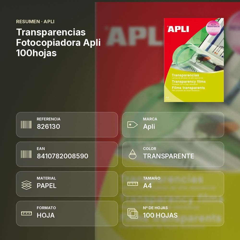 TRANSPARENCIAS FOTOCOPIADORA APLI 100HOJAS - resumen de atributos