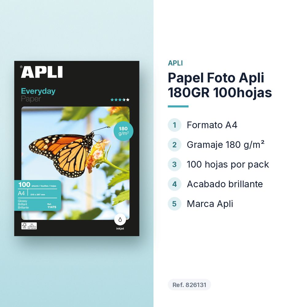 PAPEL FOTO APLI 180GR 100HOJAS - características principales