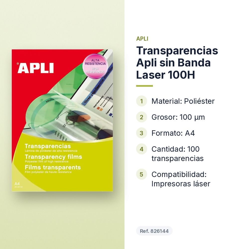 TRANSPARENCIAS APLI SIN BANDA LASER 100H - características principales