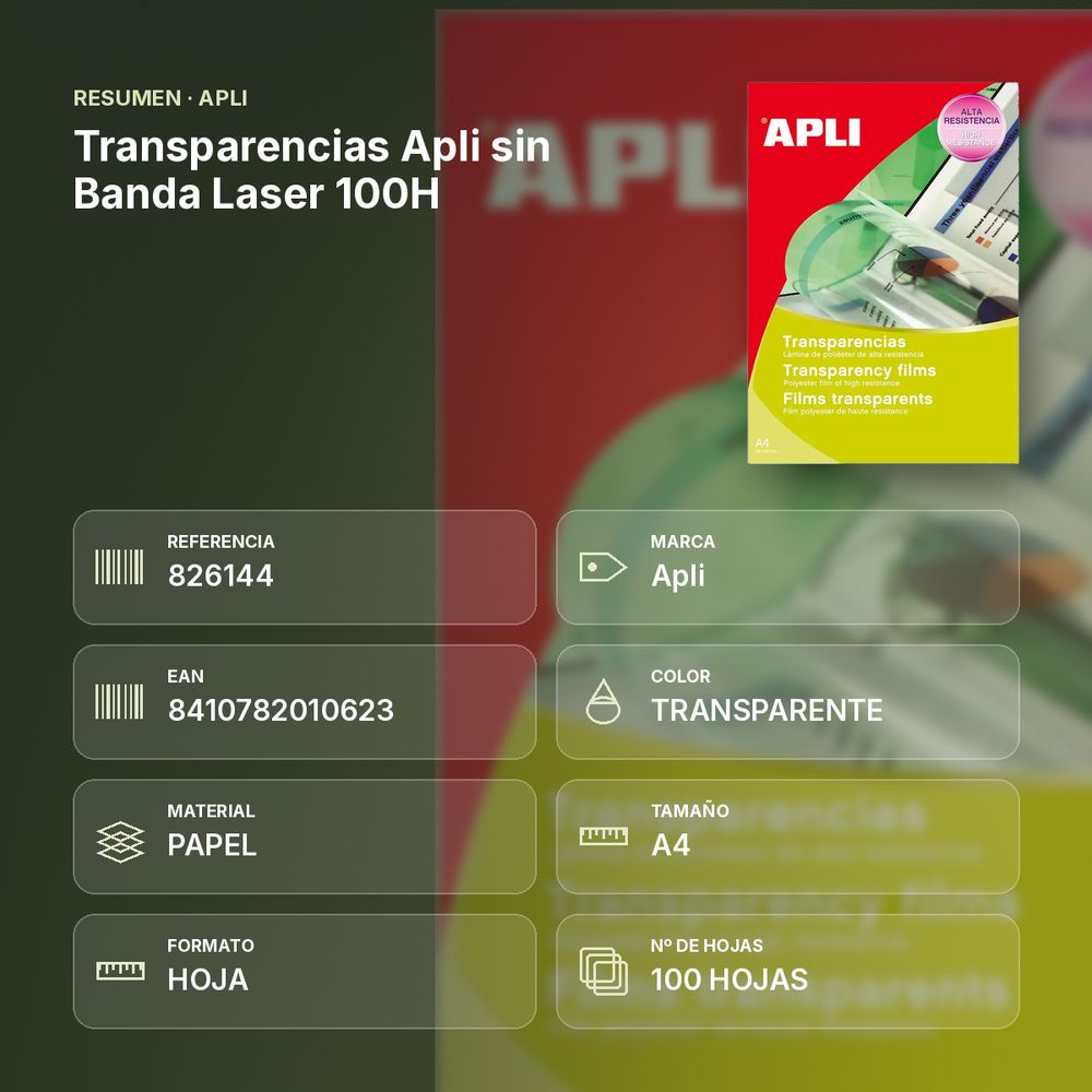 TRANSPARENCIAS APLI SIN BANDA LASER 100H - resumen de atributos