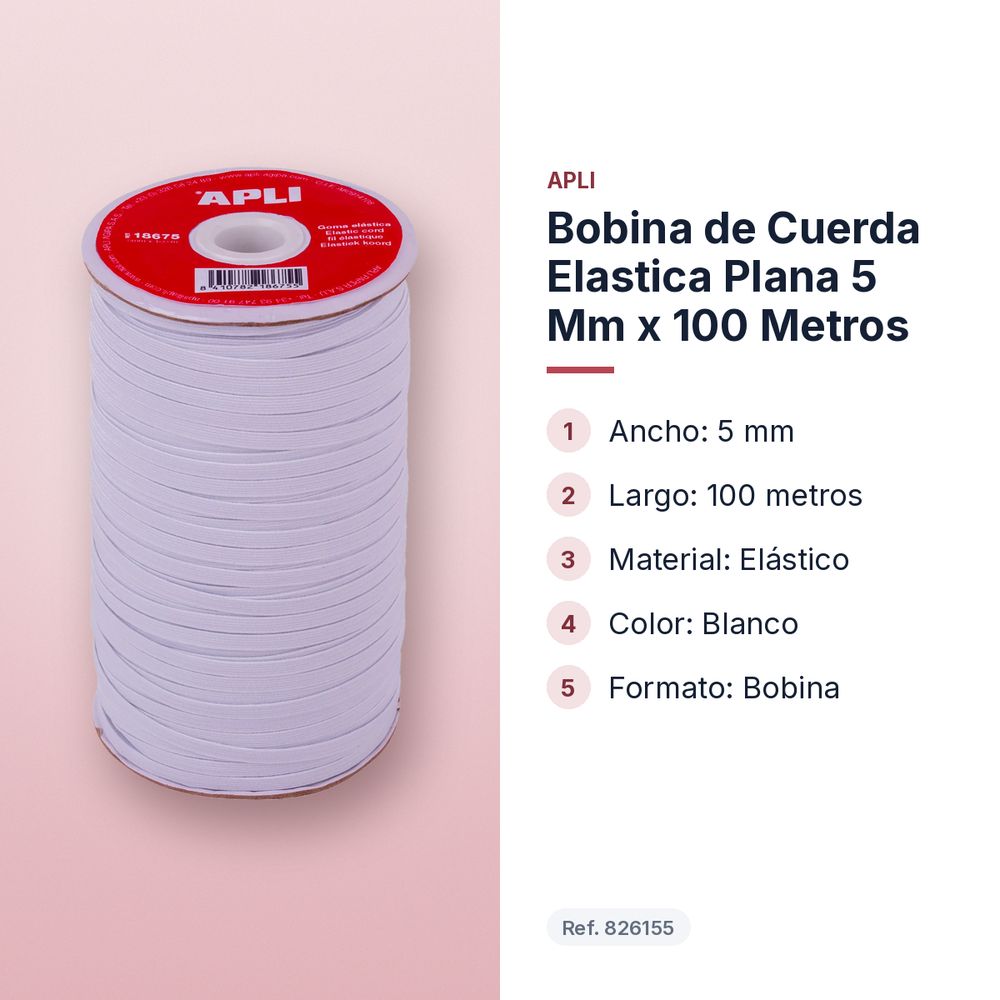 BOBINA DE CUERDA ELASTICA PLANA 5 MM X 100 METROS - características principales