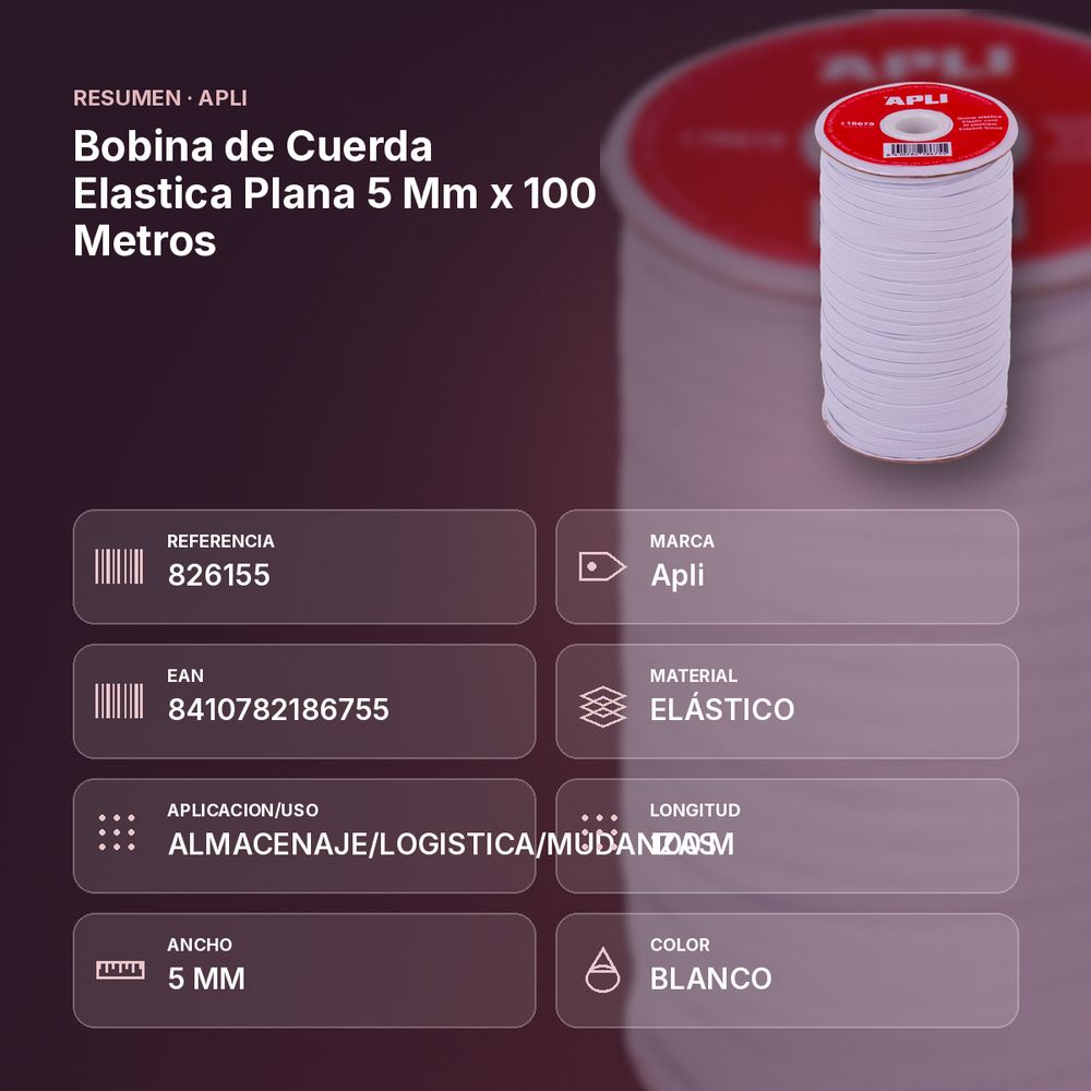 BOBINA DE CUERDA ELASTICA PLANA 5 MM X 100 METROS - resumen de atributos