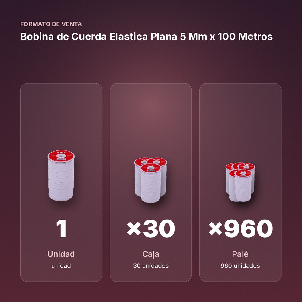 BOBINA DE CUERDA ELASTICA PLANA 5 MM X 100 METROS - formato de venta: caja de 30, palé de 960