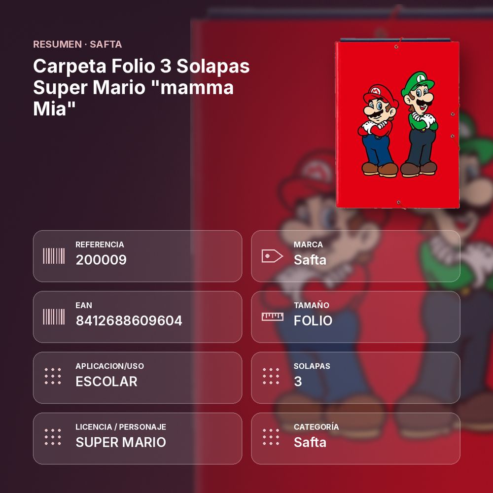 CARPETA FOLIO 3 SOLAPAS SUPER MARIO "MAMMA MIA" - resumen de atributos