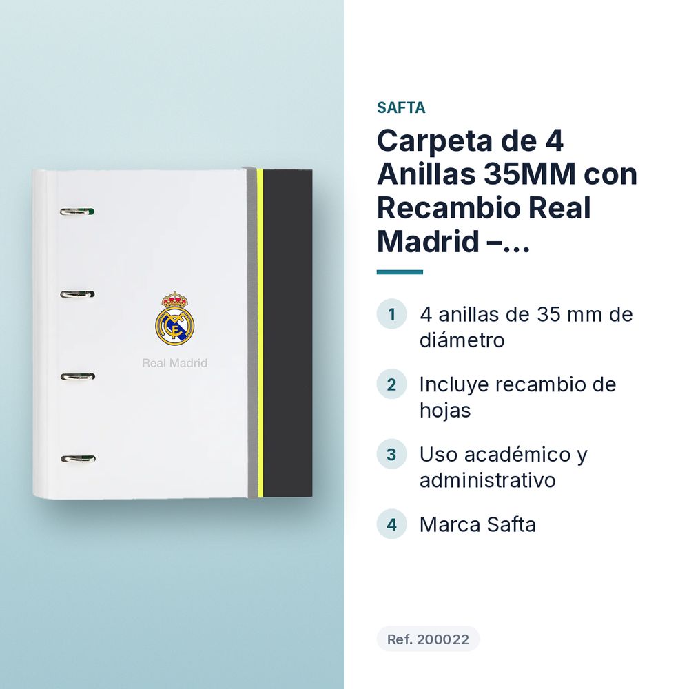 CARPETA DE 4 ANILLAS 35MM CON RECAMBIO REAL MADRID – EQUIPACIÓN 25/26 - características principales