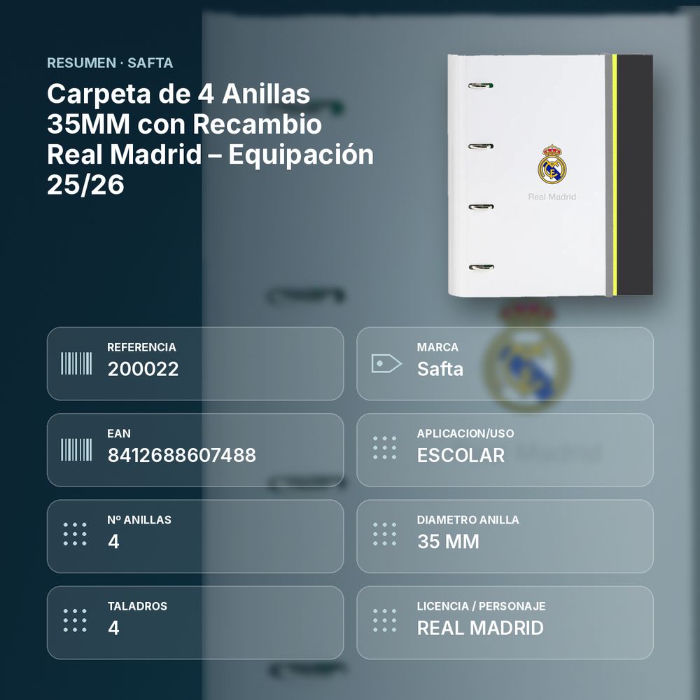 CARPETA DE 4 ANILLAS 35MM CON RECAMBIO REAL MADRID – EQUIPACIÓN 25/26 - resumen de atributos