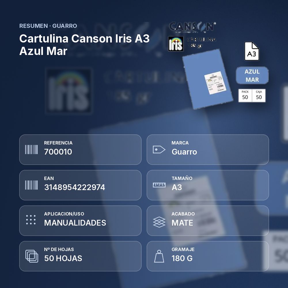 CARTULINA CANSON IRIS A3 AZUL MAR - resumen de atributos