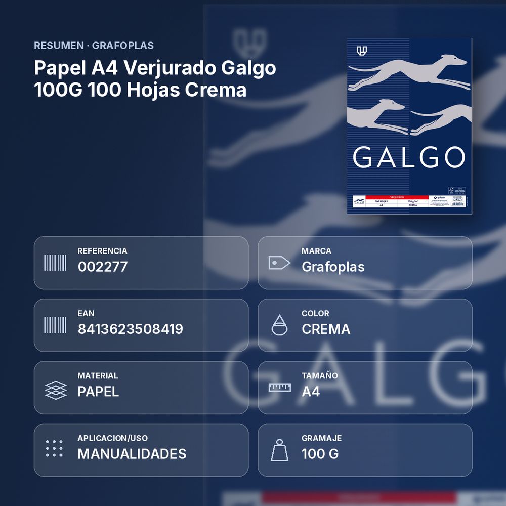 PAPEL A4 VERJURADO GALGO 100G 100 HOJAS CREMA - resumen de atributos