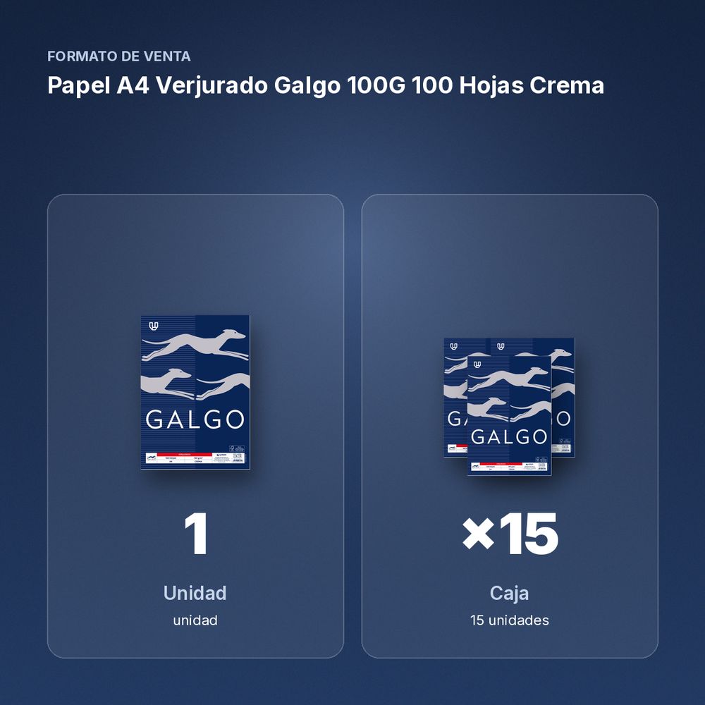 PAPEL A4 VERJURADO GALGO 100G 100 HOJAS CREMA - formato de venta: caja de 15