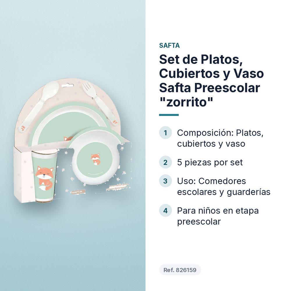 SET DE PLATOS, CUBIERTOS Y VASO SAFTA PREESCOLAR "ZORRITO" - características principales