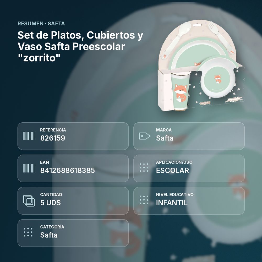 SET DE PLATOS, CUBIERTOS Y VASO SAFTA PREESCOLAR "ZORRITO" - resumen de atributos