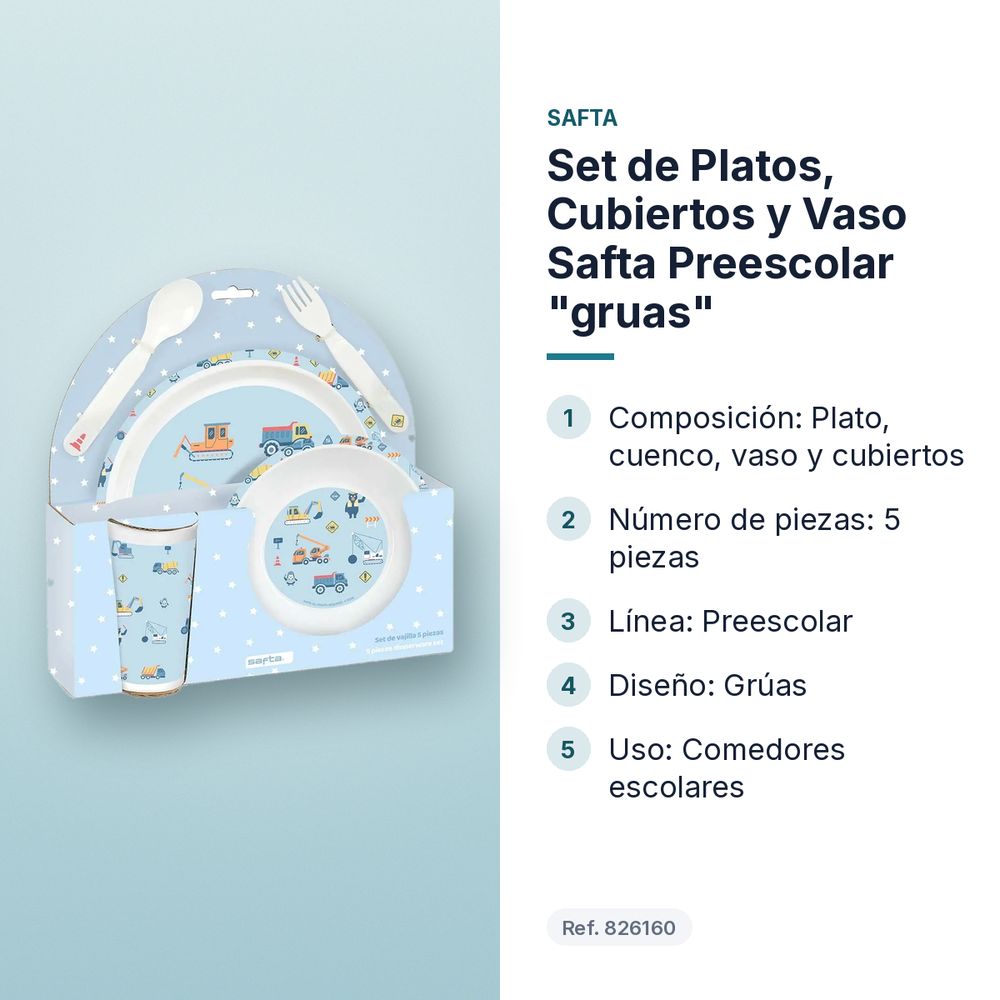 SET DE PLATOS, CUBIERTOS Y VASO SAFTA PREESCOLAR "GRUAS" - características principales