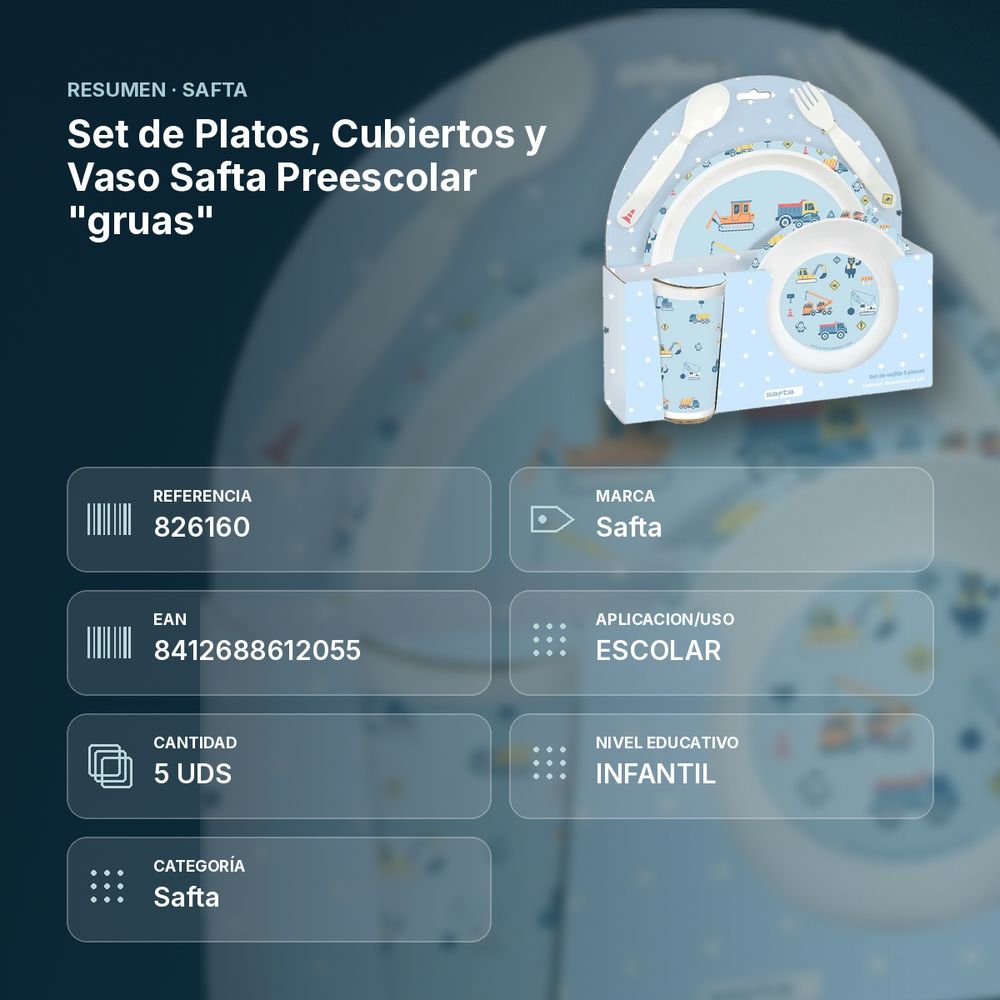 SET DE PLATOS, CUBIERTOS Y VASO SAFTA PREESCOLAR "GRUAS" - resumen de atributos