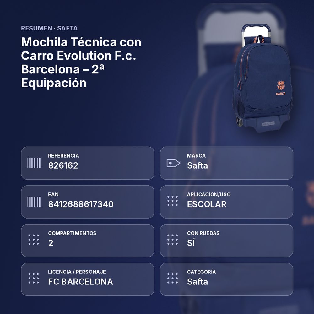 MOCHILA TÉCNICA CON CARRO EVOLUTION F.C. BARCELONA – 2ª EQUIPACIÓN - resumen de atributos