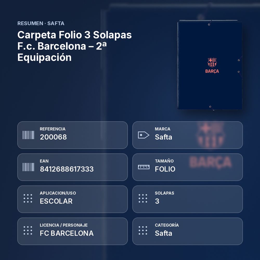 CARPETA FOLIO 3 SOLAPAS F.C. BARCELONA – 2ª EQUIPACIÓN - resumen de atributos