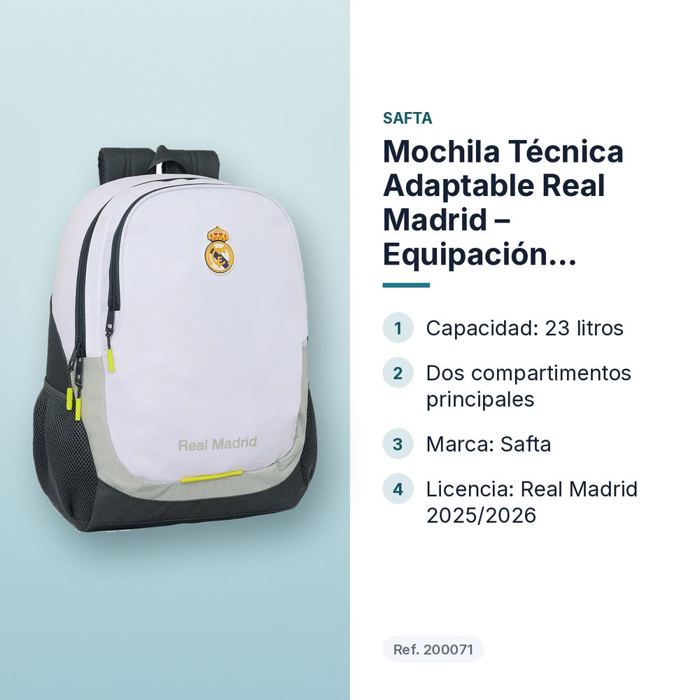 MOCHILA TÉCNICA ADAPTABLE REAL MADRID – EQUIPACIÓN 2025/2026 - características principales