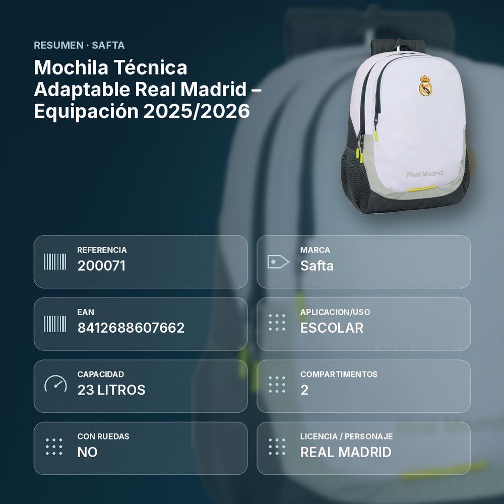 MOCHILA TÉCNICA ADAPTABLE REAL MADRID – EQUIPACIÓN 2025/2026 - resumen de atributos