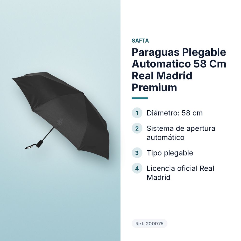 PARAGUAS PLEGABLE AUTOMATICO 58 CM REAL MADRID PREMIUM - características principales