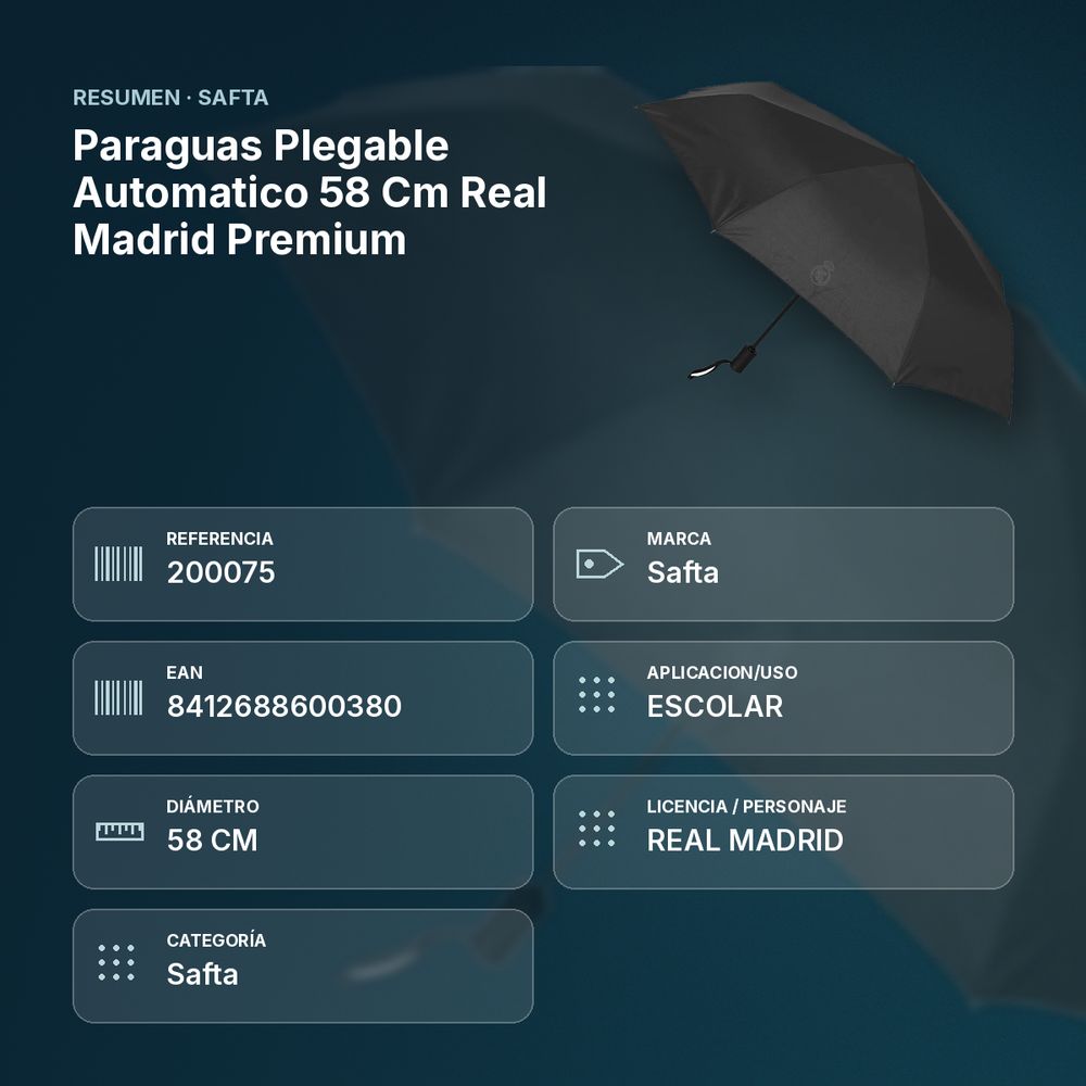 PARAGUAS PLEGABLE AUTOMATICO 58 CM REAL MADRID PREMIUM - resumen de atributos
