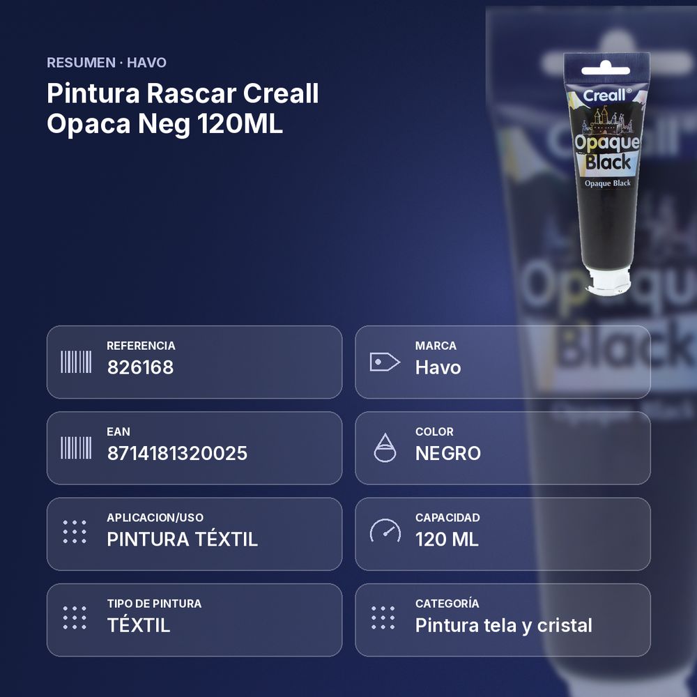 PINTURA RASCAR CREALL OPACA NEG 120ML - resumen de atributos
