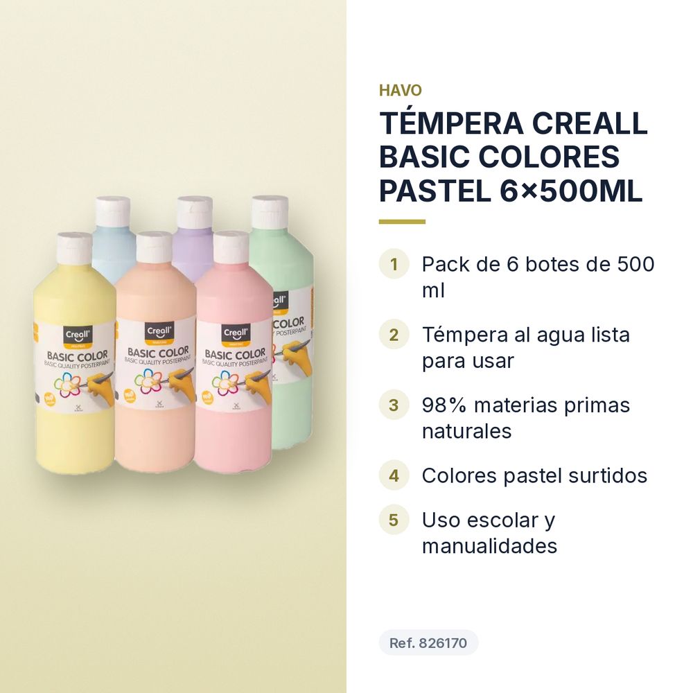 TÉMPERA CREALL BASIC COLORES PASTEL 6x500ML - características principales