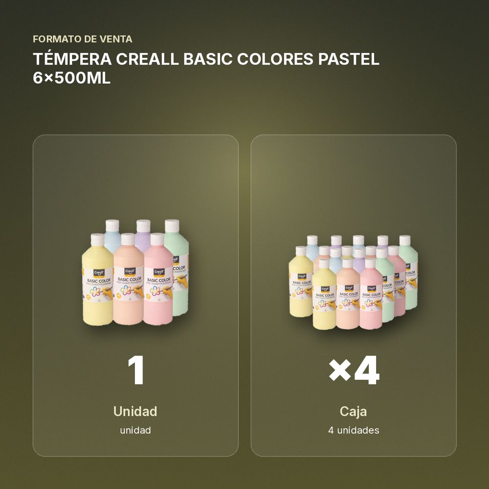 TÉMPERA CREALL BASIC COLORES PASTEL 6x500ML - formato de venta: caja de 4