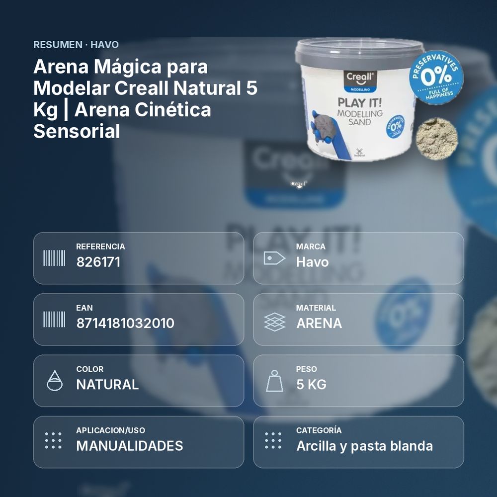 ARENA MÁGICA PARA MODELAR CREALL NATURAL 5 KG | ARENA CINÉTICA SENSORIAL - resumen de atributos