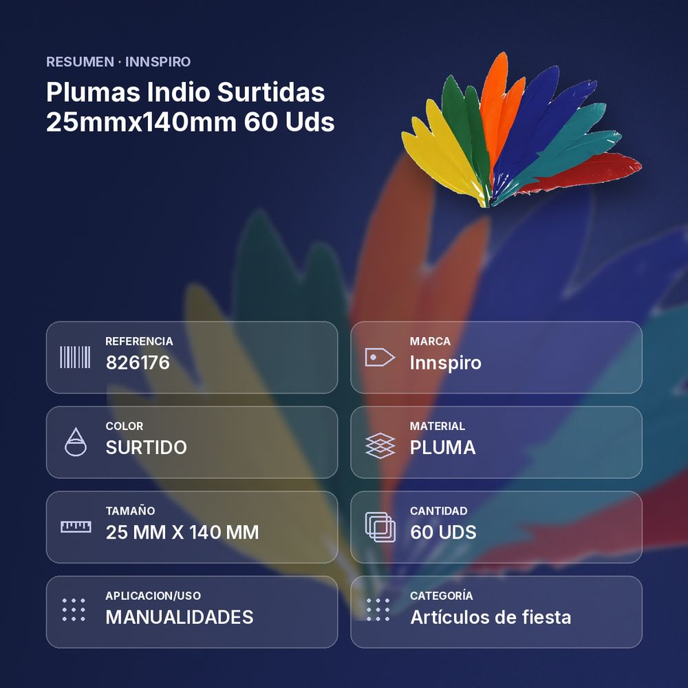 PLUMAS INDIO SURTIDAS 25MMX140MM 60 UDS - resumen de atributos