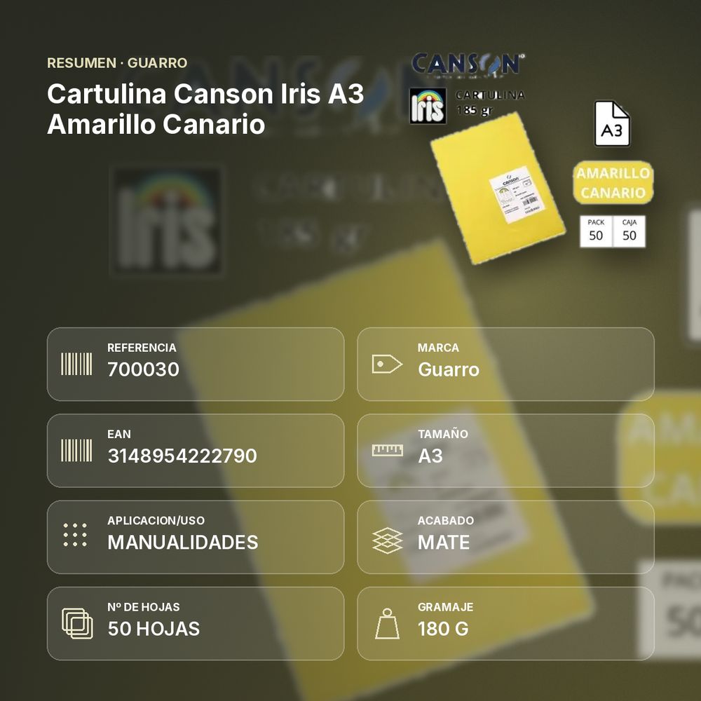 CARTULINA CANSON IRIS A3 AMARILLO CANARIO  - resumen de atributos