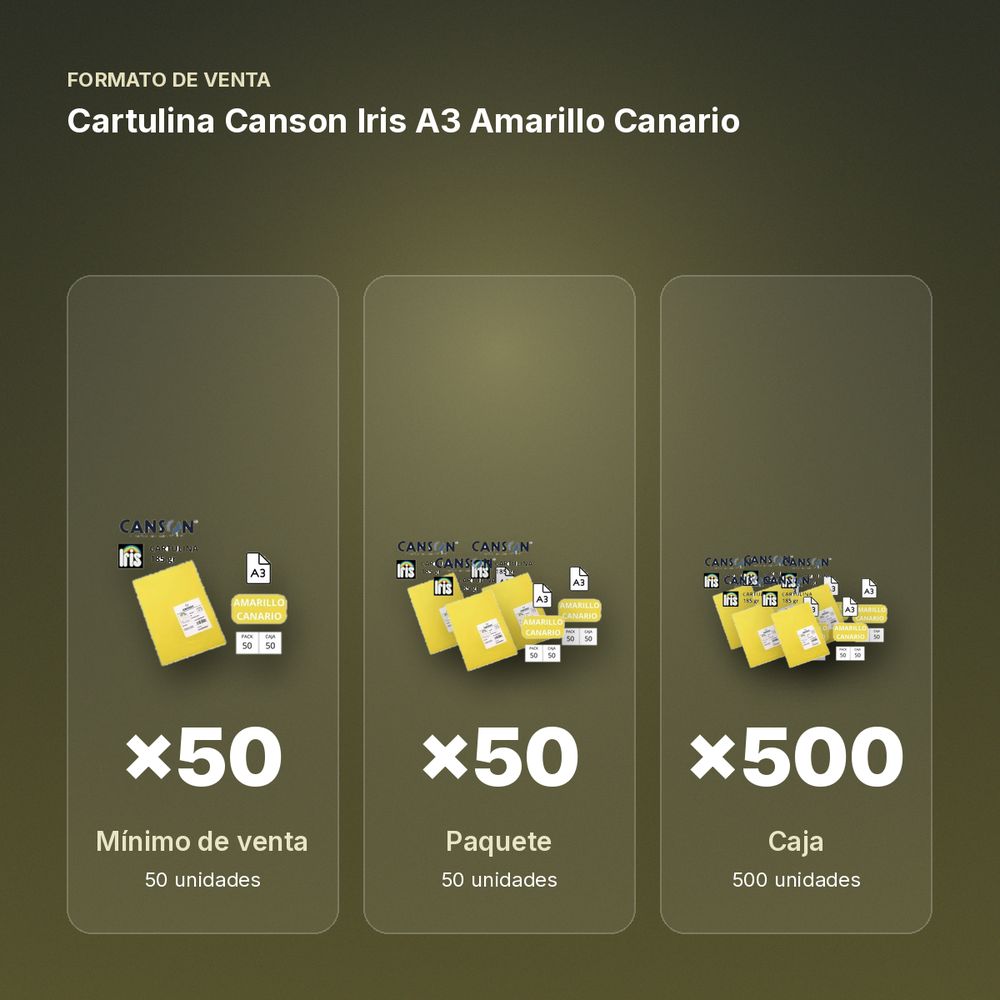 CARTULINA CANSON IRIS A3 AMARILLO CANARIO  - formato de venta: paquete de 50, caja de 500