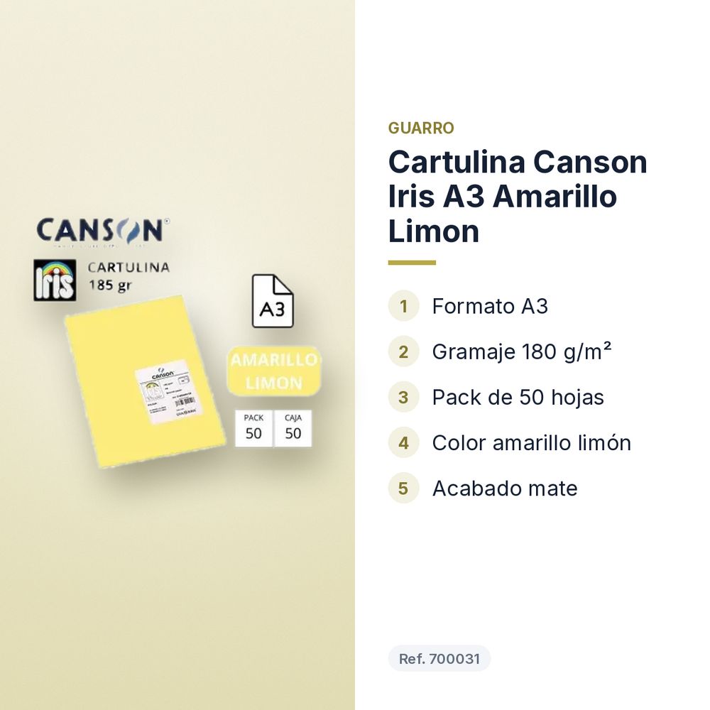 CARTULINA CANSON IRIS A3 AMARILLO LIMON - características principales