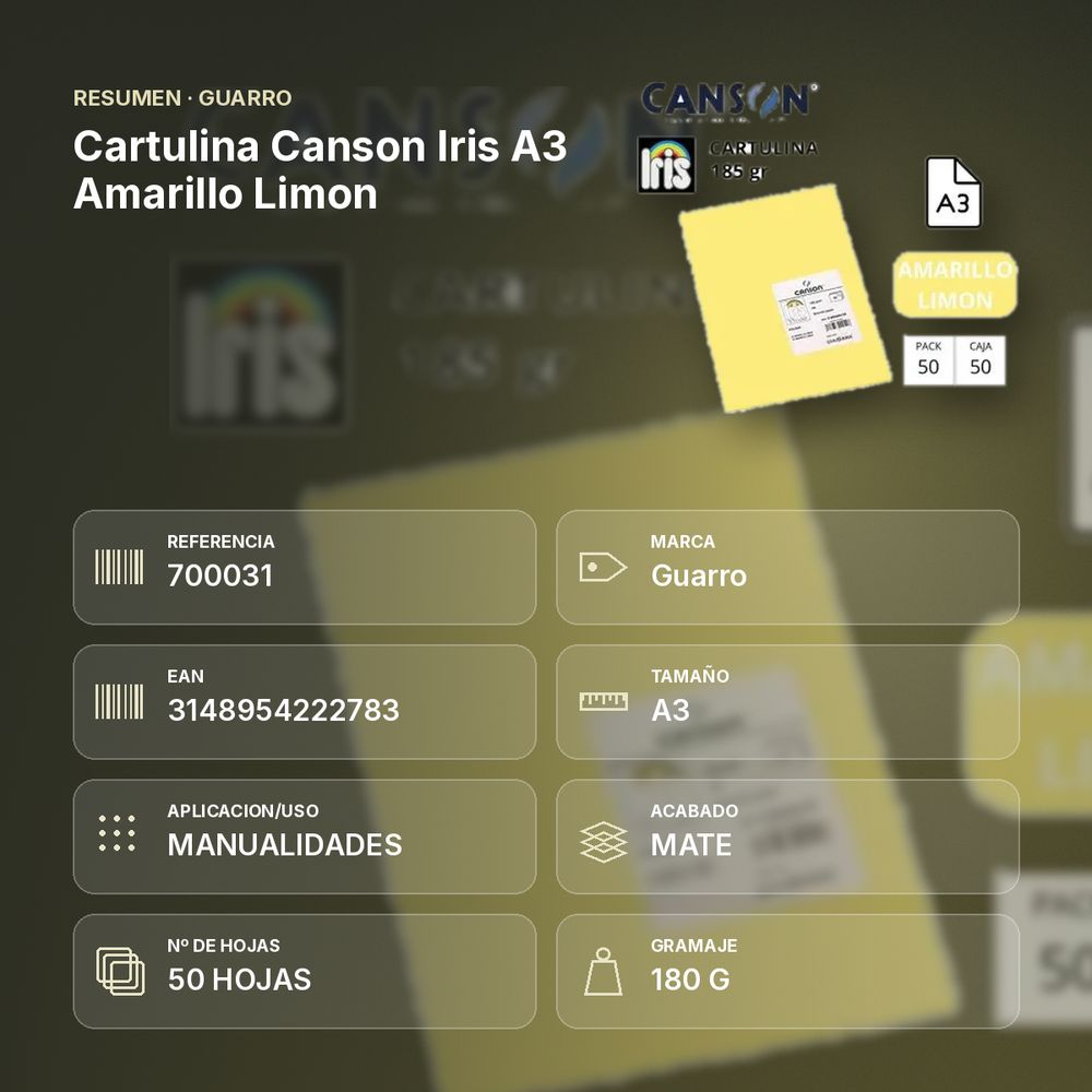 CARTULINA CANSON IRIS A3 AMARILLO LIMON - resumen de atributos