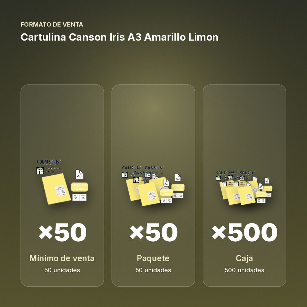CARTULINA CANSON IRIS A3 AMARILLO LIMON - formato de venta: paquete de 50, caja de 500