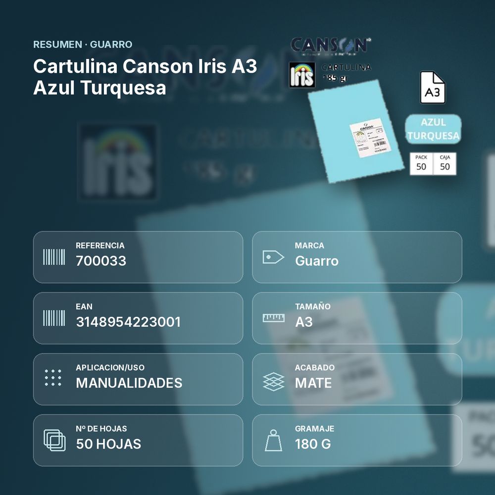 CARTULINA CANSON IRIS A3 AZUL TURQUESA - resumen de atributos