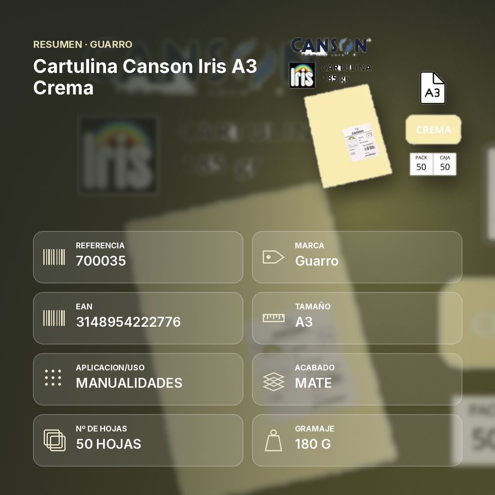 CARTULINA CANSON IRIS A3 CREMA - resumen de atributos