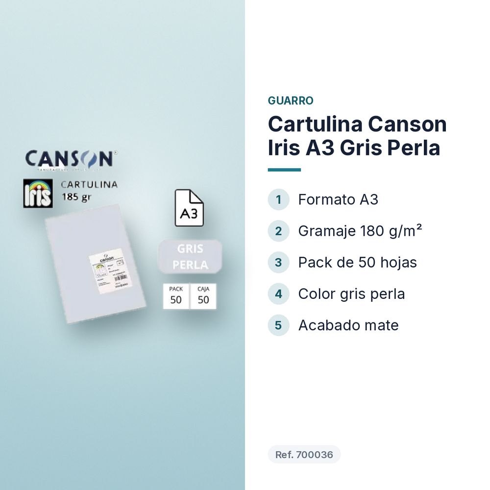 CARTULINA CANSON IRIS A3 GRIS PERLA - características principales