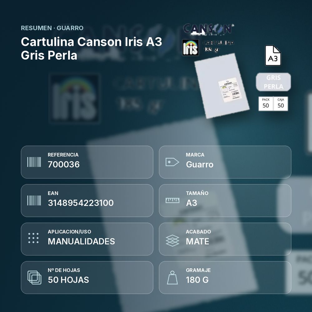 CARTULINA CANSON IRIS A3 GRIS PERLA - resumen de atributos