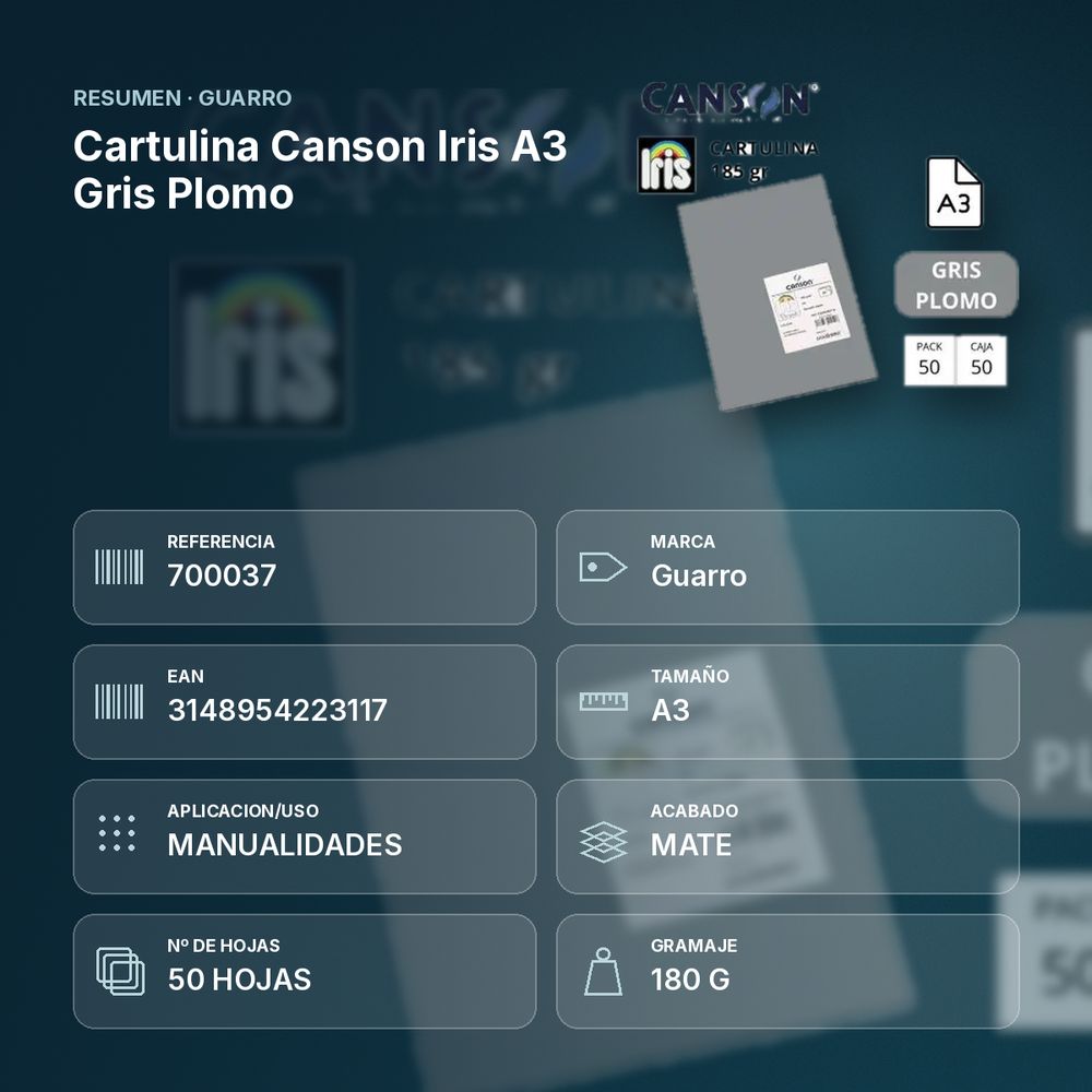 CARTULINA CANSON IRIS A3 GRIS PLOMO - resumen de atributos