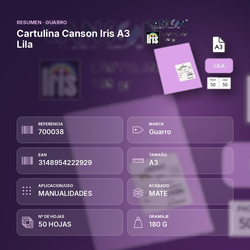 CARTULINA CANSON IRIS A3 LILA - resumen de atributos