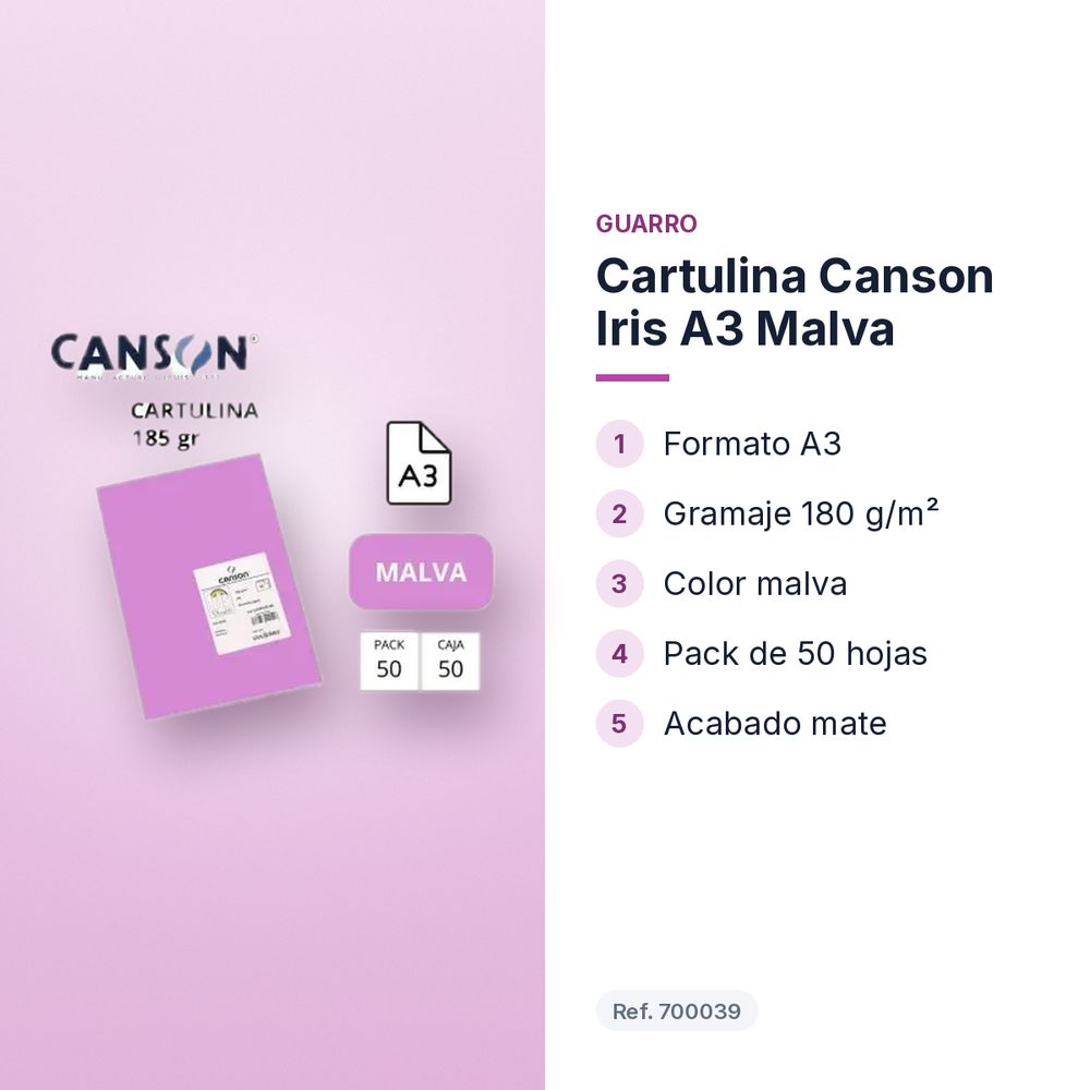 CARTULINA CANSON IRIS A3 MALVA - características principales