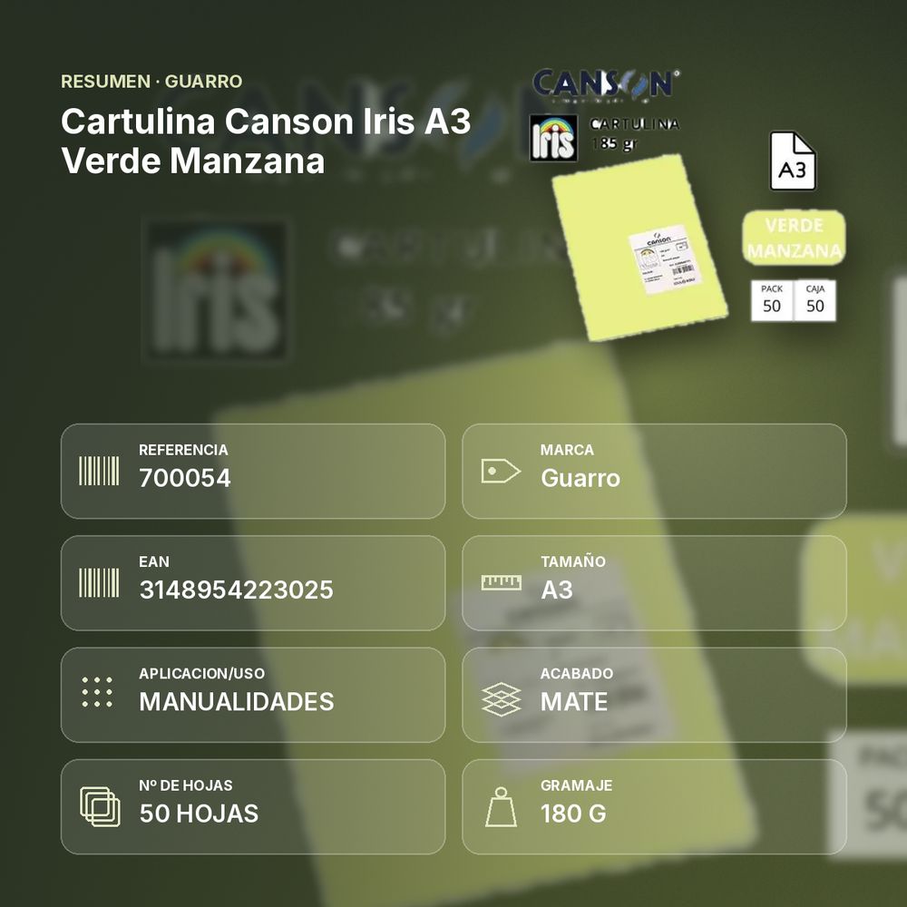 CARTULINA CANSON IRIS A3 VERDE MANZANA - resumen de atributos