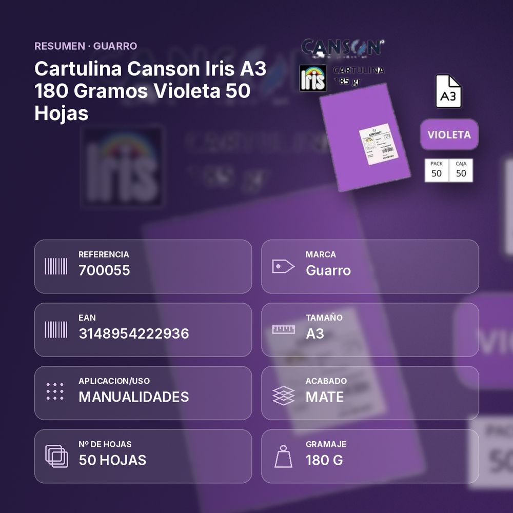 CARTULINA CANSON IRIS A3 180 GRAMOS VIOLETA 50 HOJAS - resumen de atributos
