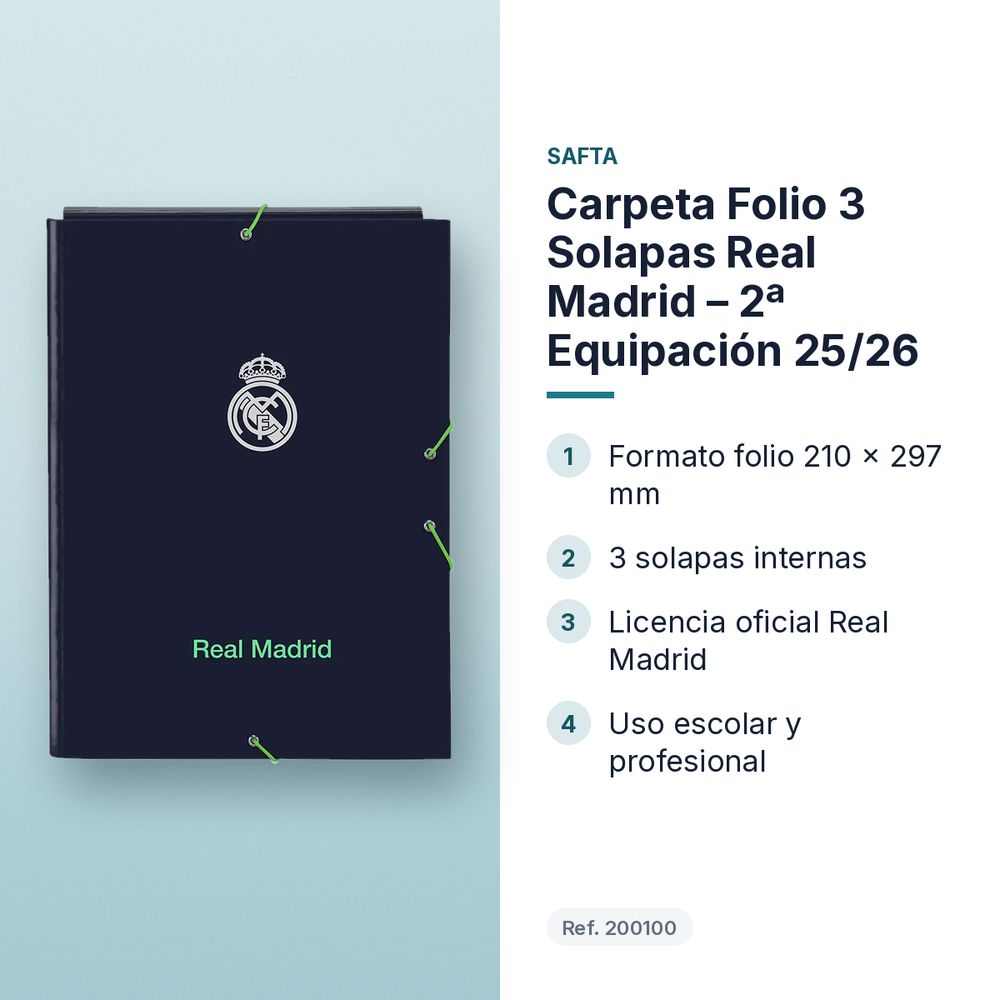 CARPETA FOLIO 3 SOLAPAS REAL MADRID – 2ª EQUIPACIÓN 25/26 - características principales