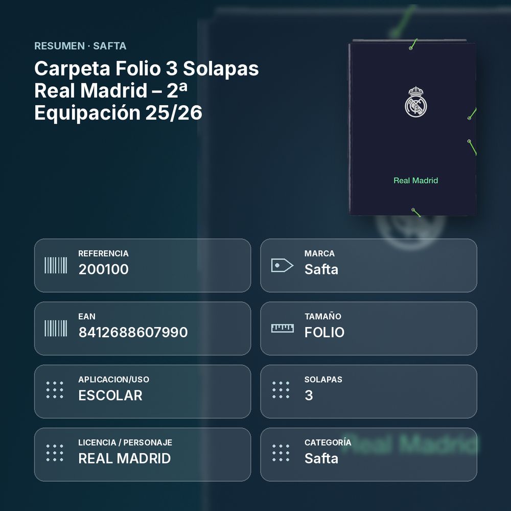 CARPETA FOLIO 3 SOLAPAS REAL MADRID – 2ª EQUIPACIÓN 25/26 - resumen de atributos