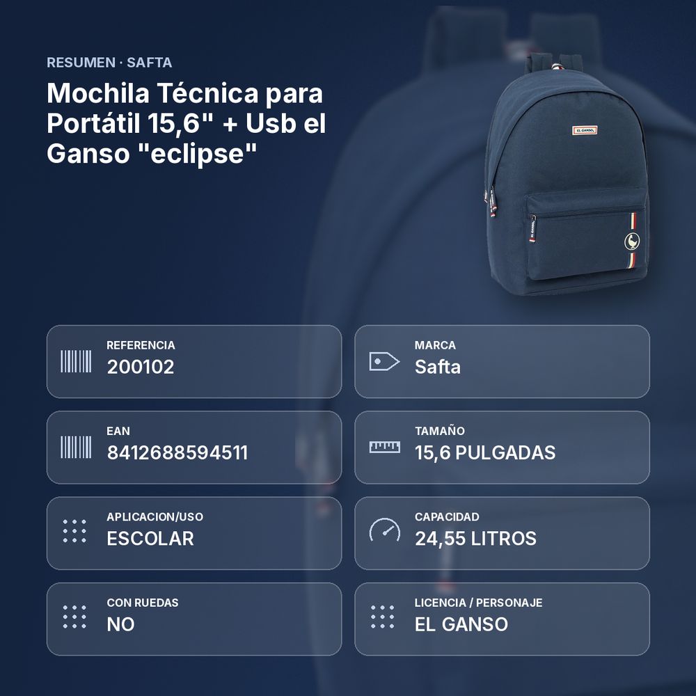 MOCHILA TÉCNICA PARA PORTÁTIL 15,6" + USB EL GANSO "ECLIPSE" - resumen de atributos
