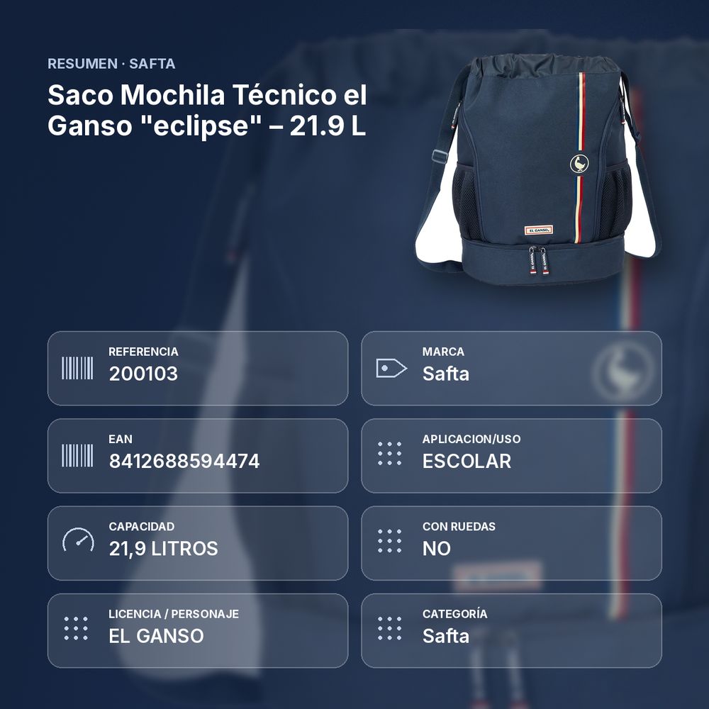 SACO MOCHILA TÉCNICO EL GANSO "ECLIPSE" – 21.9 L - resumen de atributos
