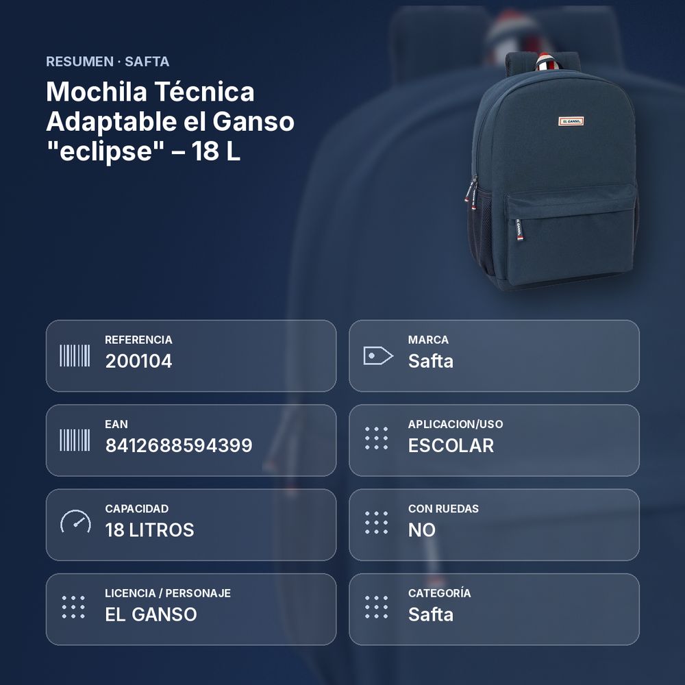 MOCHILA TÉCNICA ADAPTABLE EL GANSO "ECLIPSE" – 18 L - resumen de atributos