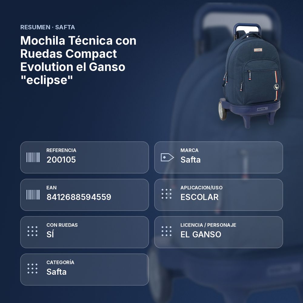 MOCHILA TÉCNICA CON RUEDAS COMPACT EVOLUTION EL GANSO "ECLIPSE" - resumen de atributos